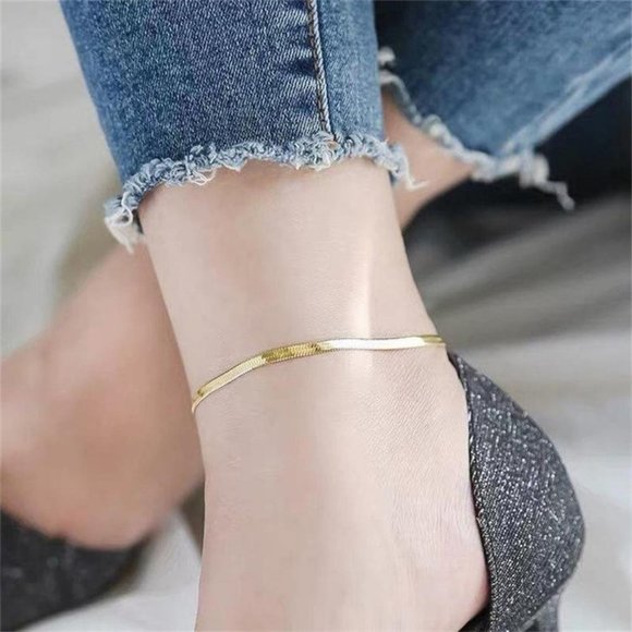 Gold Plated Flat Herringbone Ankle Bracelet Anklet - Picture 7 of 8